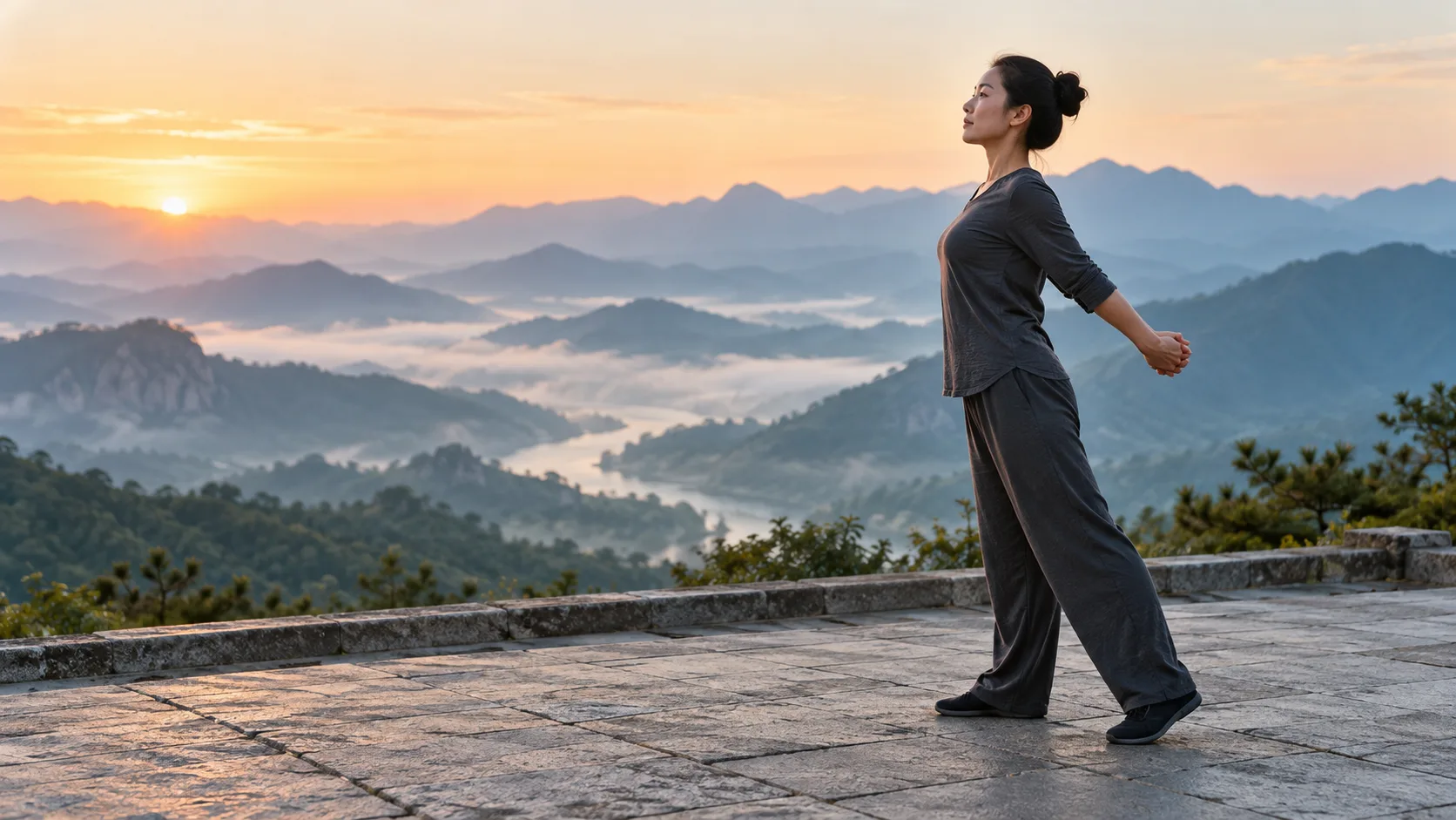 Pratiquante contemporaine générée par IA effectuant un étirement doux debout sur une terrasse de montagne à l’aube