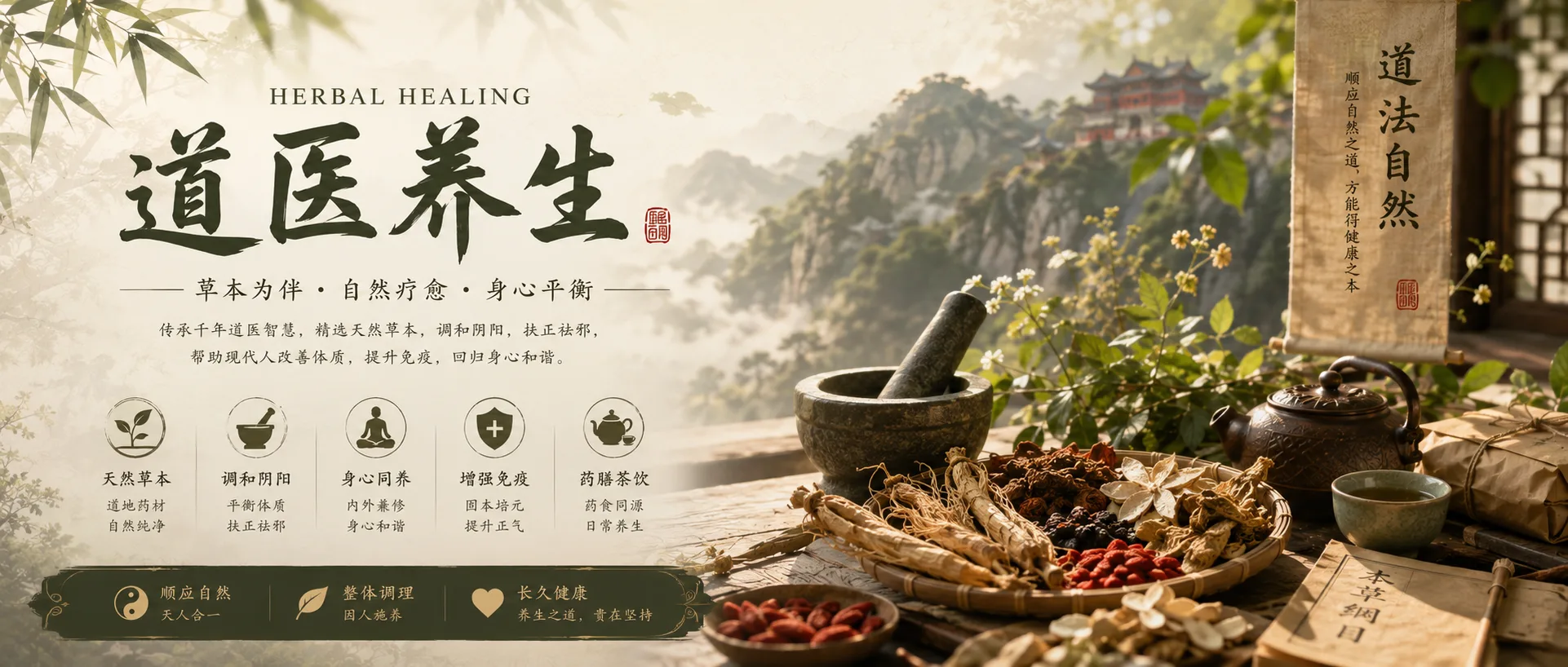 Herbal-medicine still life with mortar and pestle, mountain temple and Chinese calligraphy