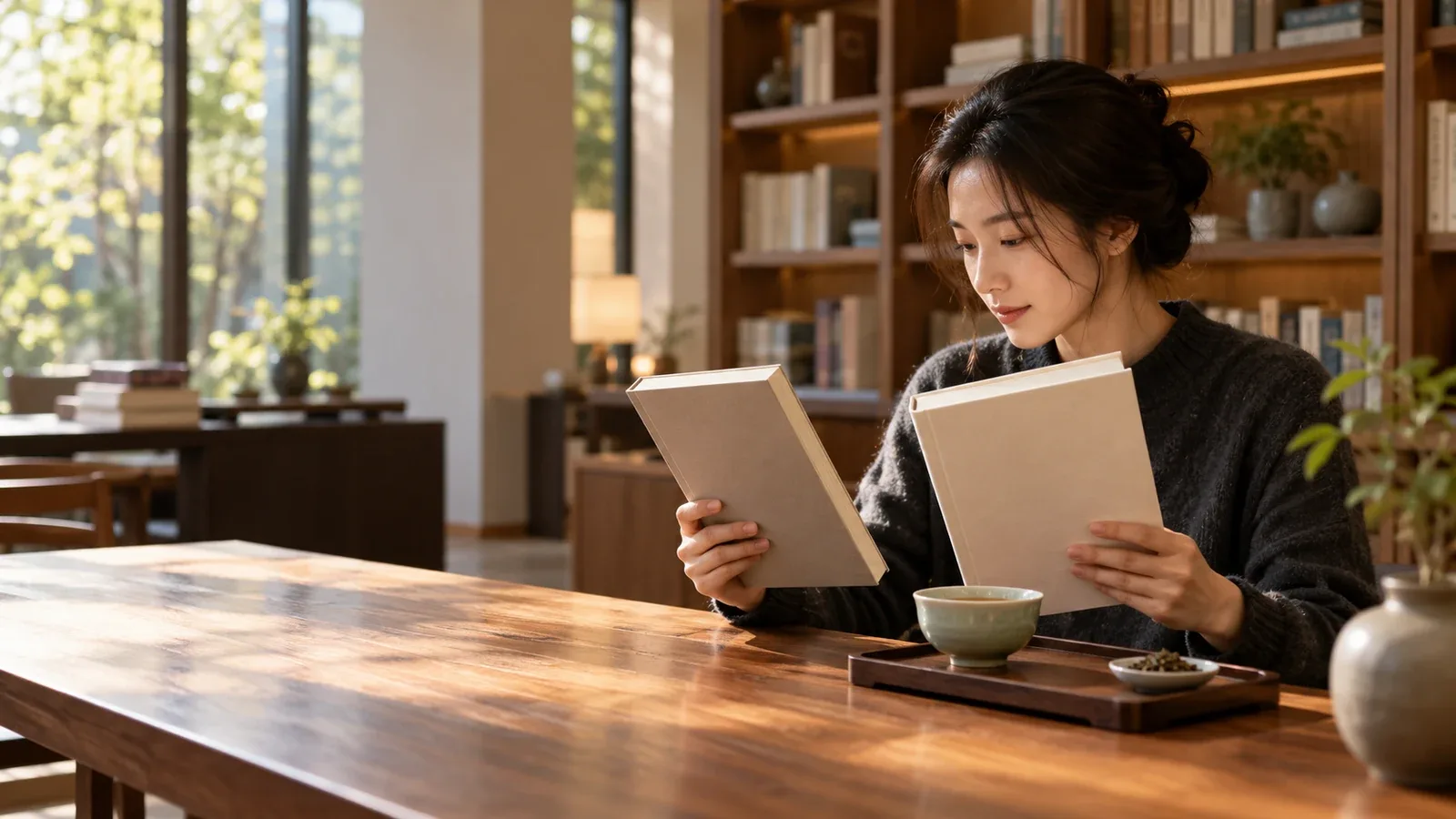 Lectrice contemporaine comparant deux livres aux couvertures vierges près d’un bol à thé dans une bibliothèque moderne chaleureuse