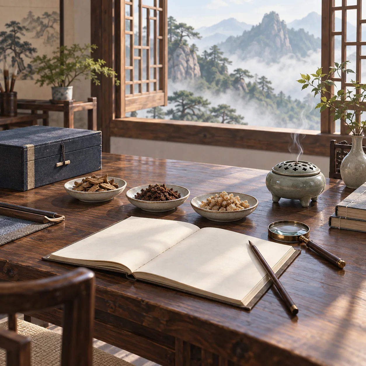 Table d’étude illustrée avec trois petits échantillons aromatiques, carnet vierge, loupe et diffuseur d’encens dans un espace aéré