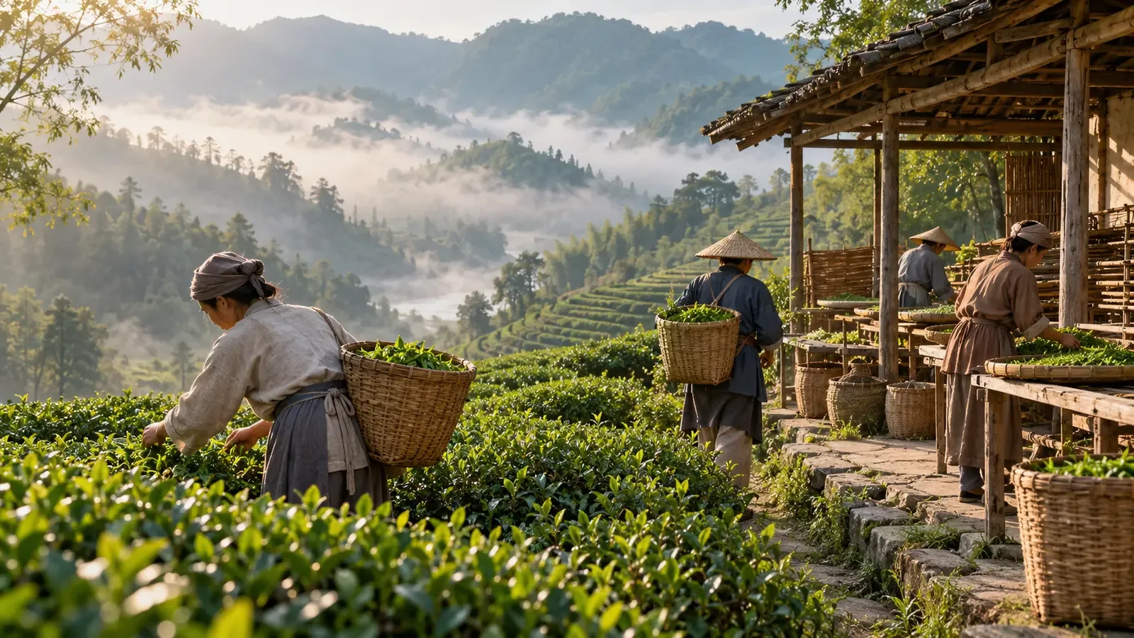 Des travailleurs anonymes cueillent, trient et transportent des feuilles fraîches près d’un atelier en bois, dans un paysage du Fujian inspiré des Song et entièrement imaginé