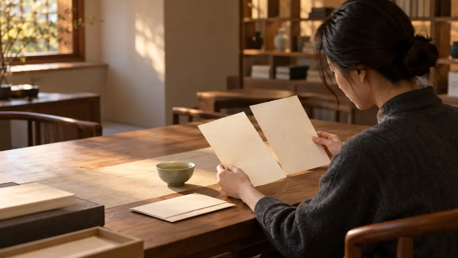 Chercheuse contemporaine comparant des feuilles de papier artisanal vierges près d’un thé dans une salle d’étude muséale fictive aux tons chauds