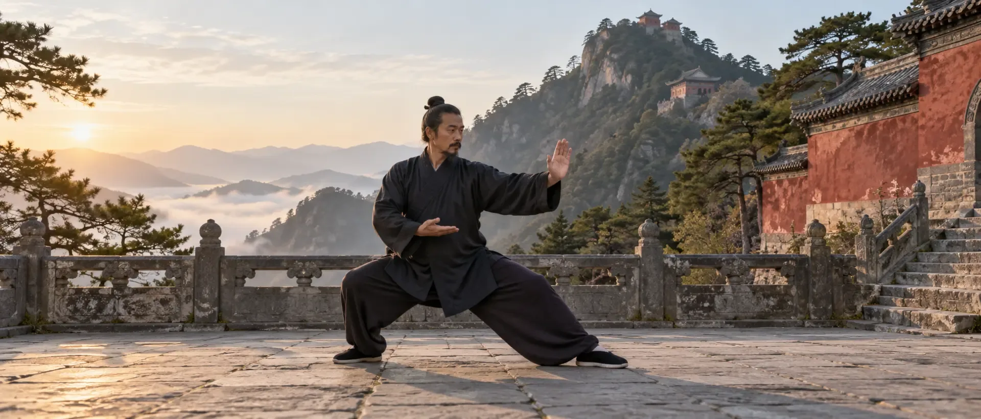 Un pratiquant d’arts martiaux du Wudang exécute une posture de taijiquan sur la terrasse d’un temple de montagne.