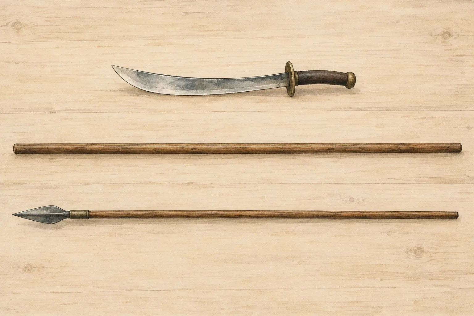 Un sabre courbe, un bâton de bois et une lance disposés séparément sur trois rangées, sur une surface de bois clair