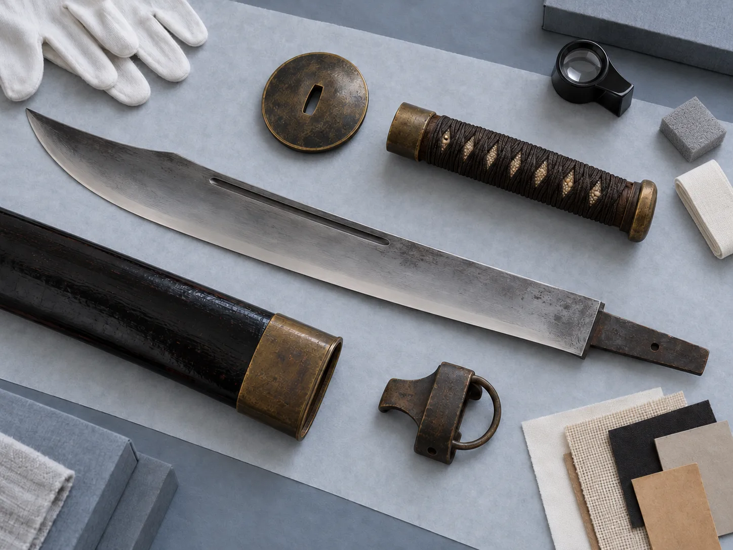Photographie conceptuelle générée par IA, vue de dessus, de pièces séparées d’une réplique fictive de dao chinois sur une table de conservation froide : fragment de lame, garde, âme de poignée, entrée de fourreau et attache de suspension.
