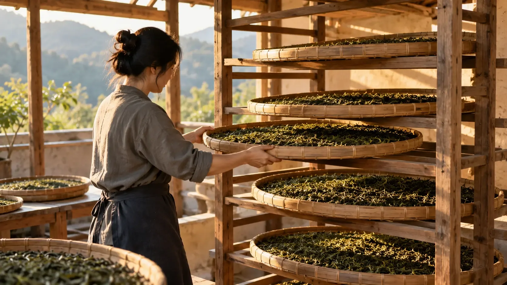 Photographie conceptuelle d’un adulte anonyme glissant un plateau peu profond de feuilles roulées dans un claie ouverte en bois, au sein d’un atelier fictif aéré