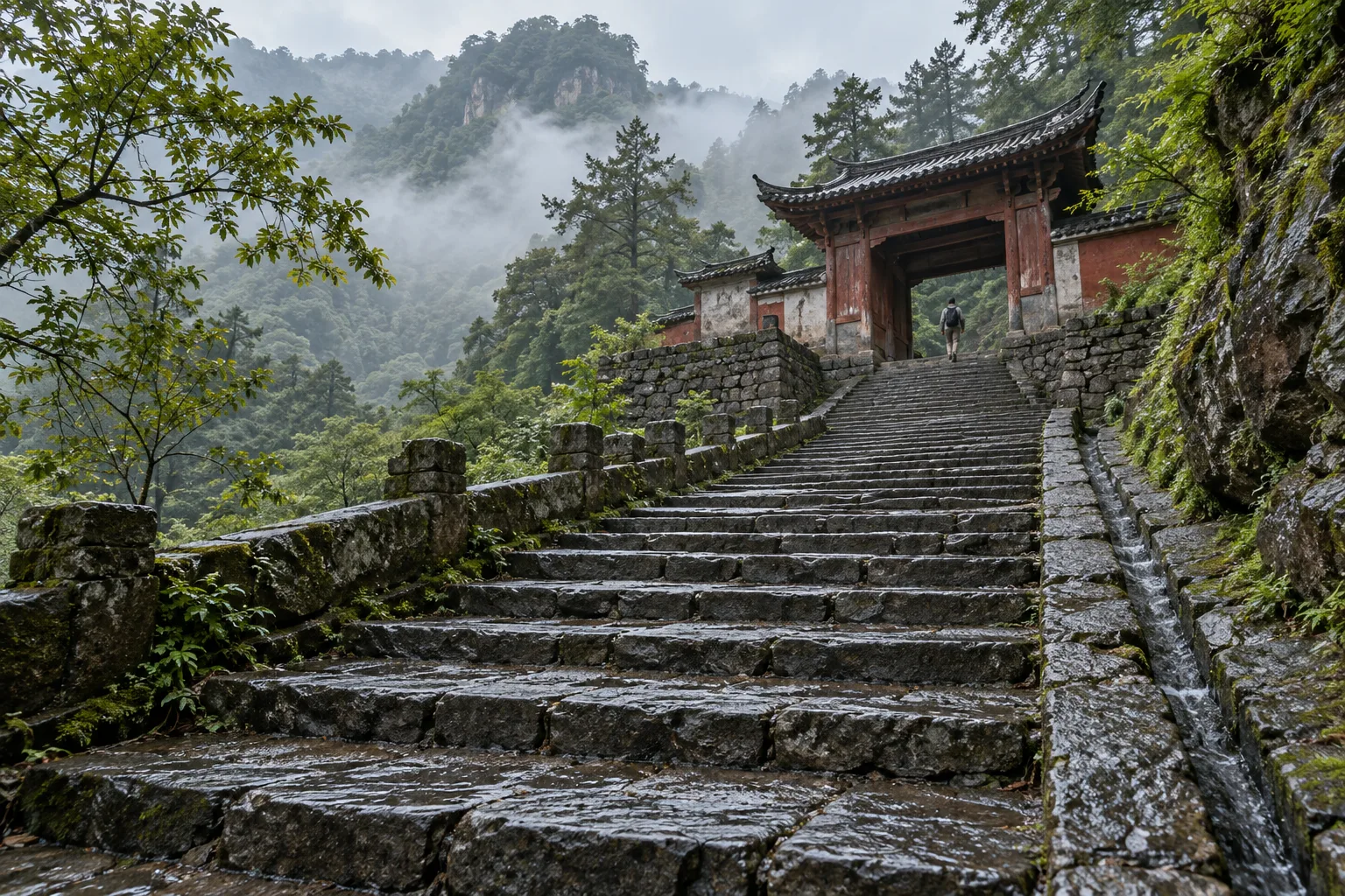 Approche fictive de temple de montagne générée par IA, avec marches assombries par la pluie, parapets bas et drain latéral