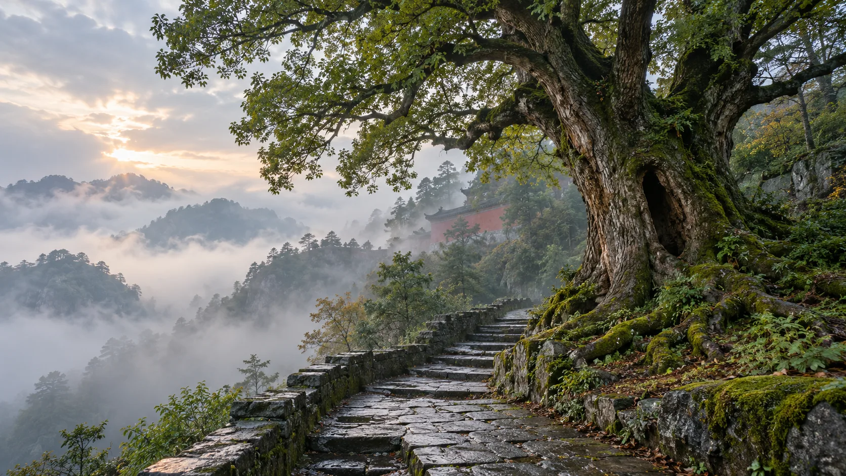 Photographie conceptuelle générée par IA d’un vieil arbre feuillu fictif au bord d’un chemin de montagne humide, avec des crêtes brumeuses et un mur rouge lointain à l’aube.