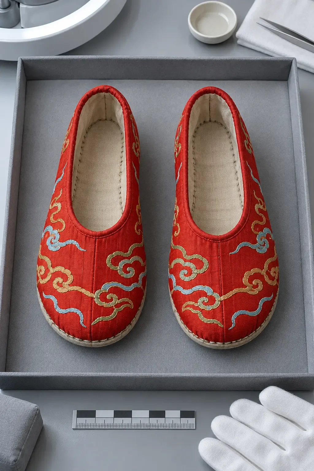Photographie conceptuelle de conservation montrant des souliers fictifs en toile vermillon, brodés de nuages abstraits dans un plateau d’archives gris