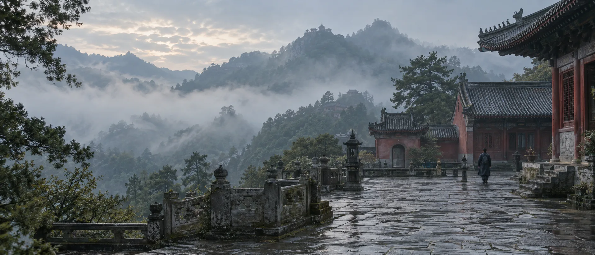 Vue large générée par IA d'une cour de temple du Wudang dans la brume de l'aube, avec un visiteur au loin
