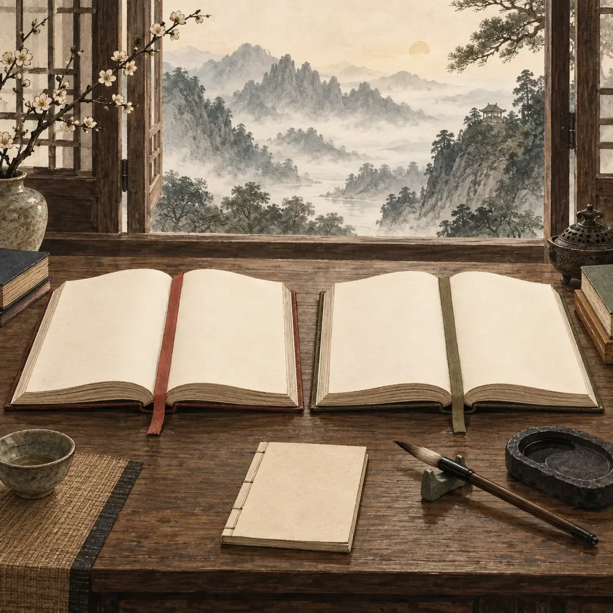Deux livres ouverts aux pages vierges, avec des signets rouge et vert, sur une table devant des montagnes brumeuses.
