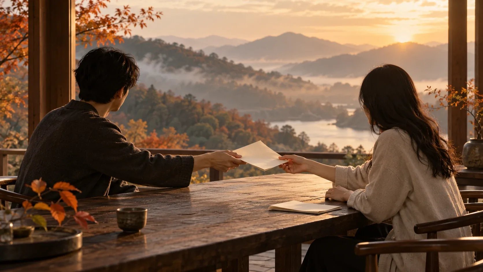 概念性照片:兩位不具名的當代文學學習者在虛構山景亭中於夕陽下交換一張摺疊空白紙