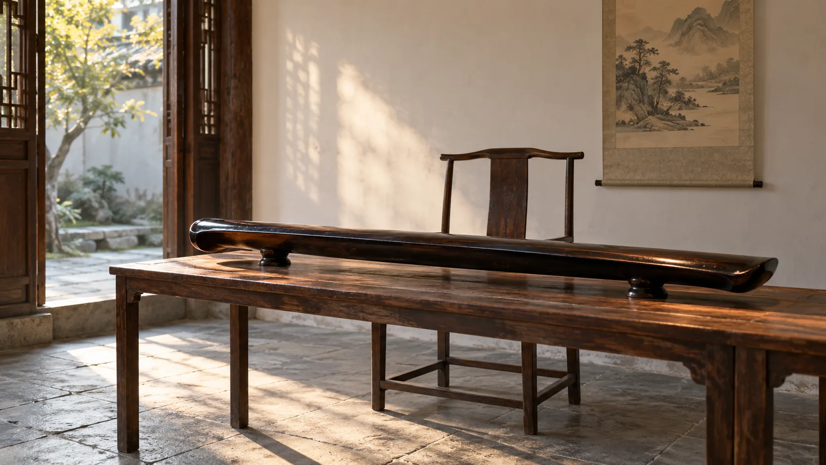 Photographie conceptuelle générée par IA d’un cabinet fictif baigné de soleil, avec un guqin vu par-dessous sur une table en bois et une chaise vide
