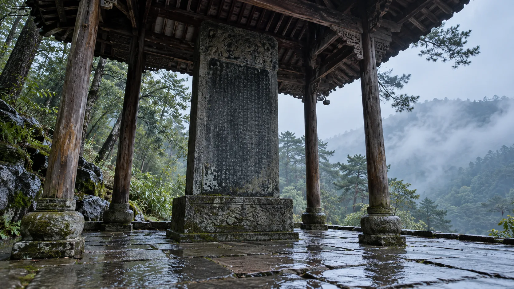 Conceptual AI-generated view of a rain-darkened stone stele beneath a timber pavilion on a misty mountain slope.
