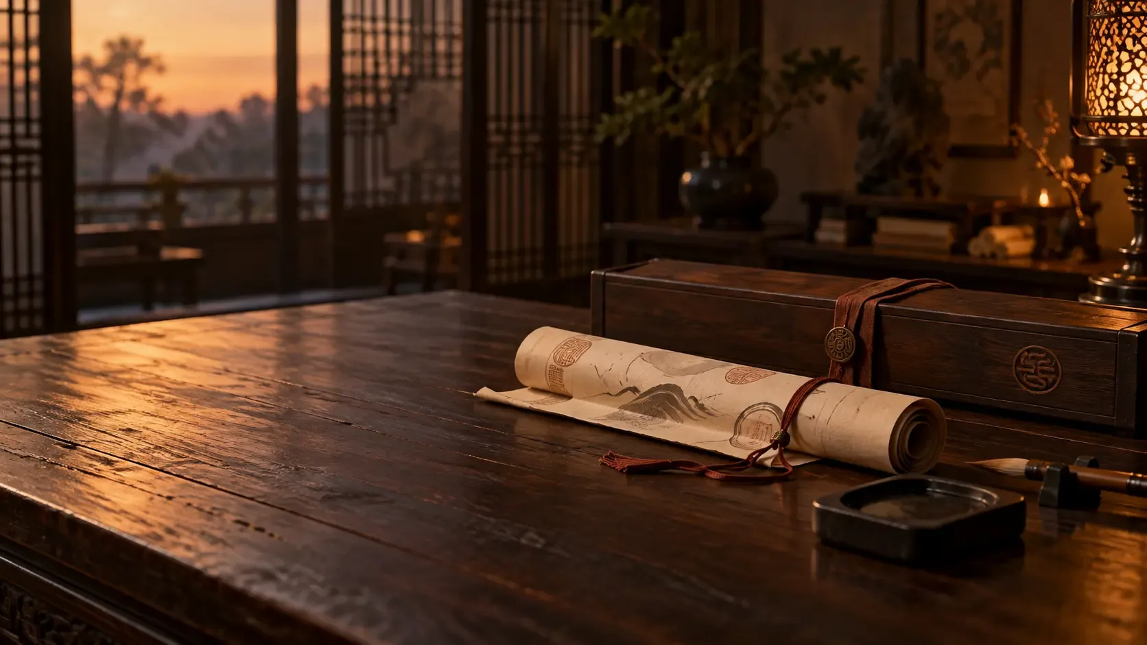 Photographie conceptuelle d’un rouleau fictif noué, d’un étui à documents, d’un pinceau et d’une pierre à encre sur une table d’étude au crépuscule