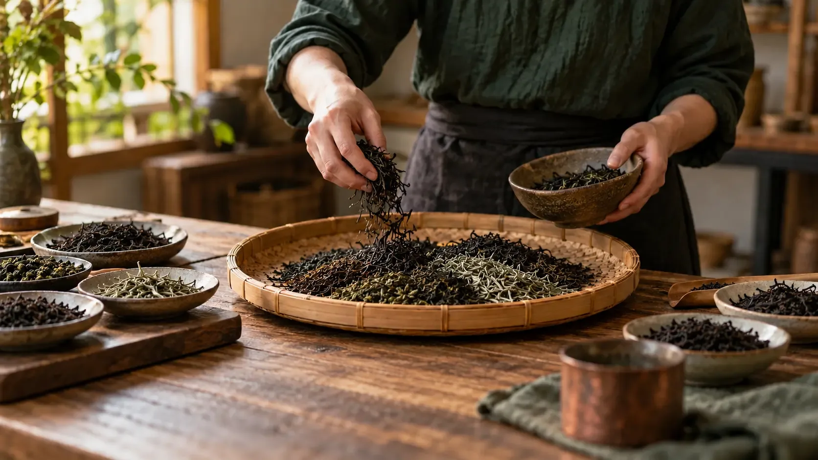 Conceptual photograph of an anonymous adult combining several dry tea-leaf samples in a broad bamboo tray inside a fictional workshop