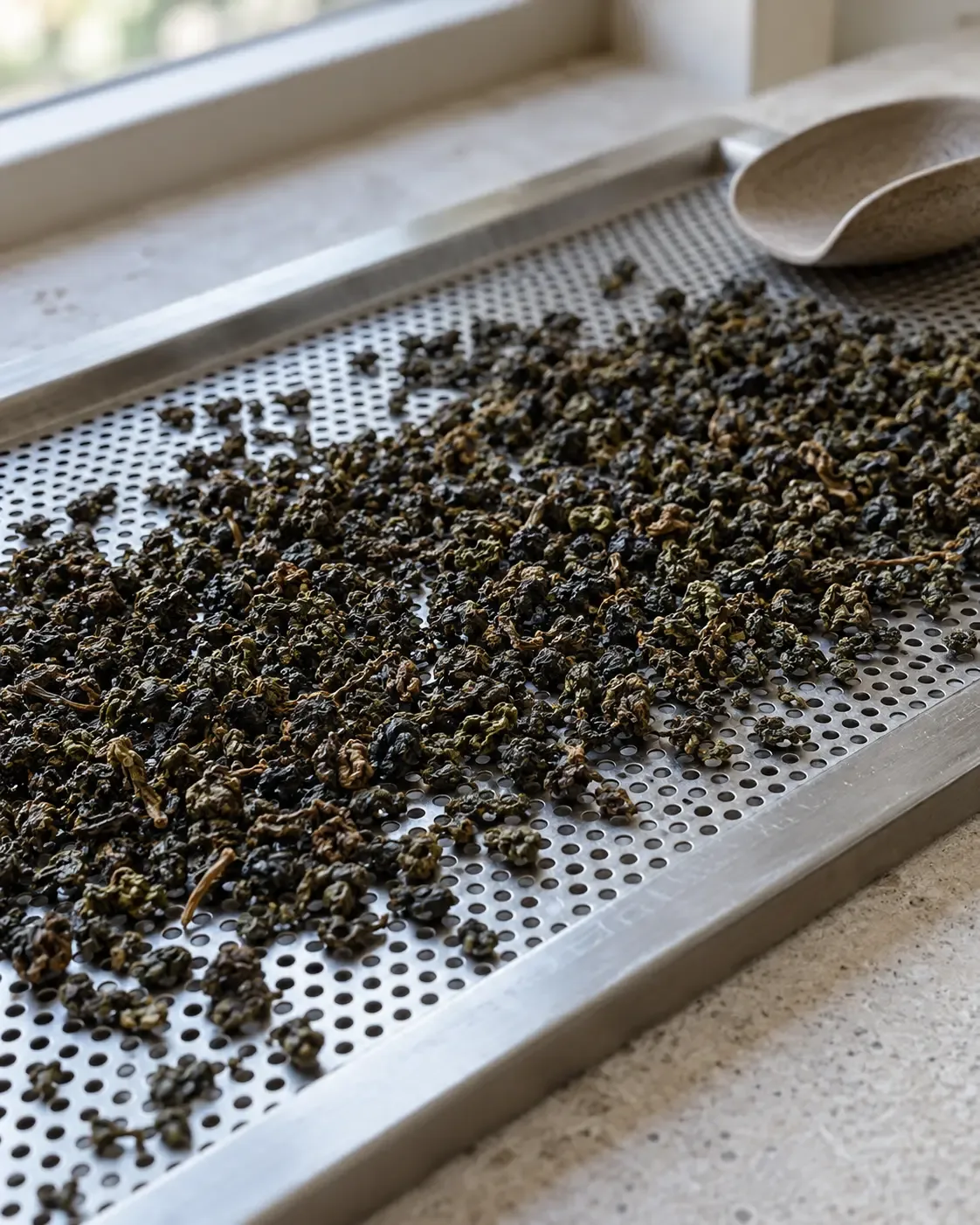 Vue rapprochée de feuilles d’oolong roulées étalées en couche mince sur une grille inoxydable perforée, près d’une pelle en céramique vide