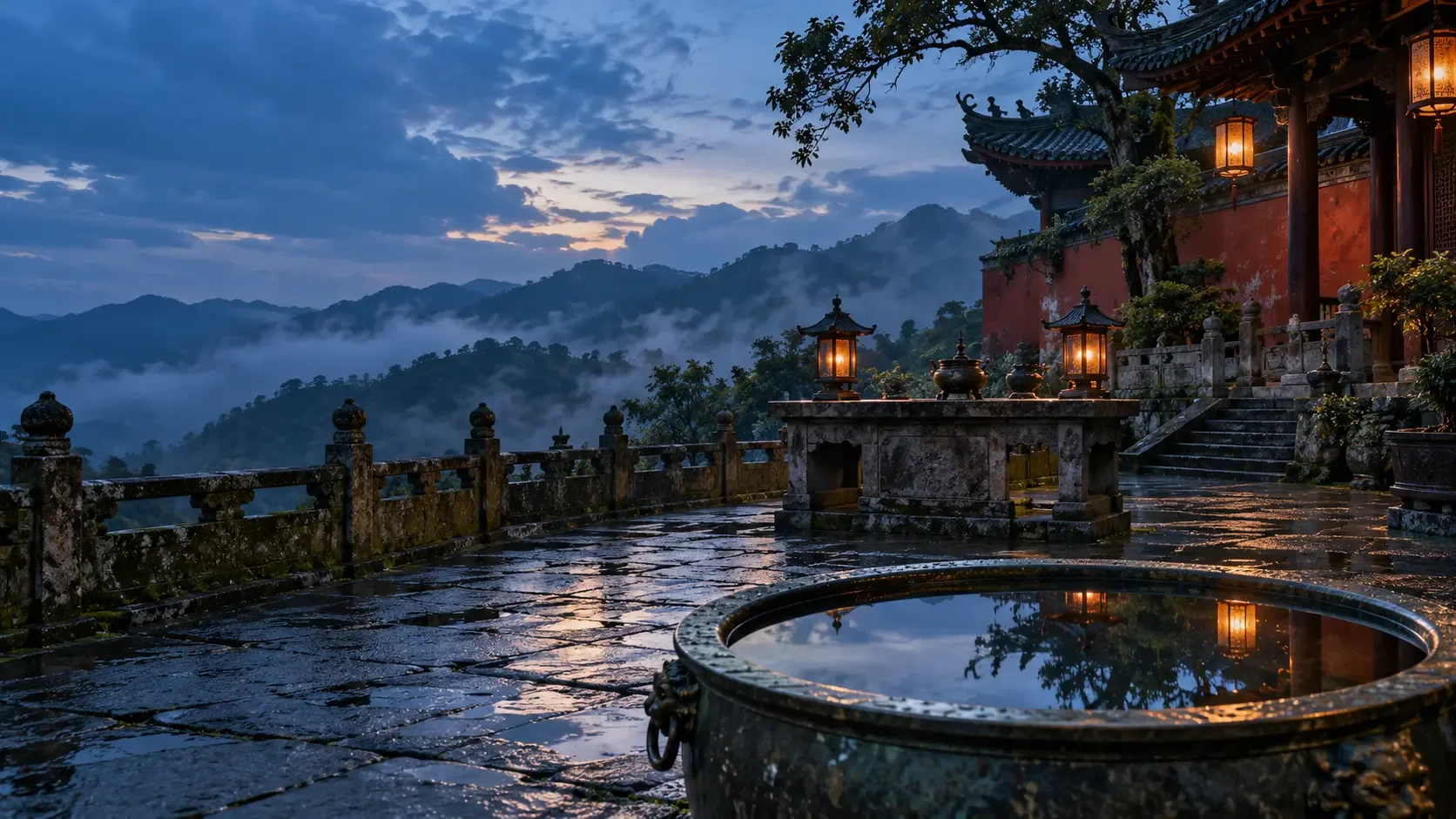 Photographie conceptuelle d’une cour de temple fictive après la pluie, composée en trois plans : ciel ouvert, terrasse de pierre et bassin de bronze réfléchissant