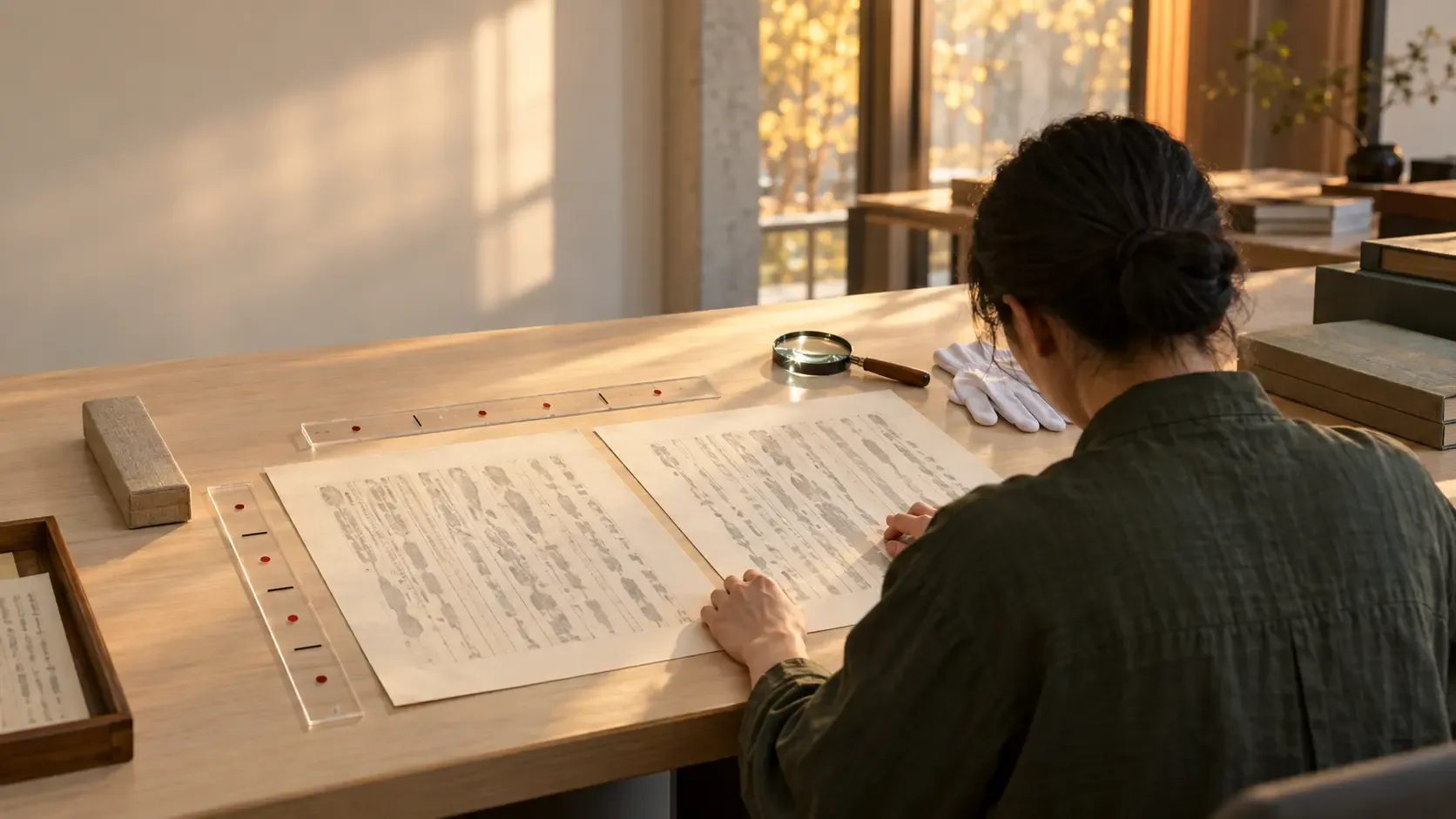 Warm conceptual photograph of an anonymous scholar comparing two abstract facsimile sheets beside clear guide strips with red dots in a modern reading room.
