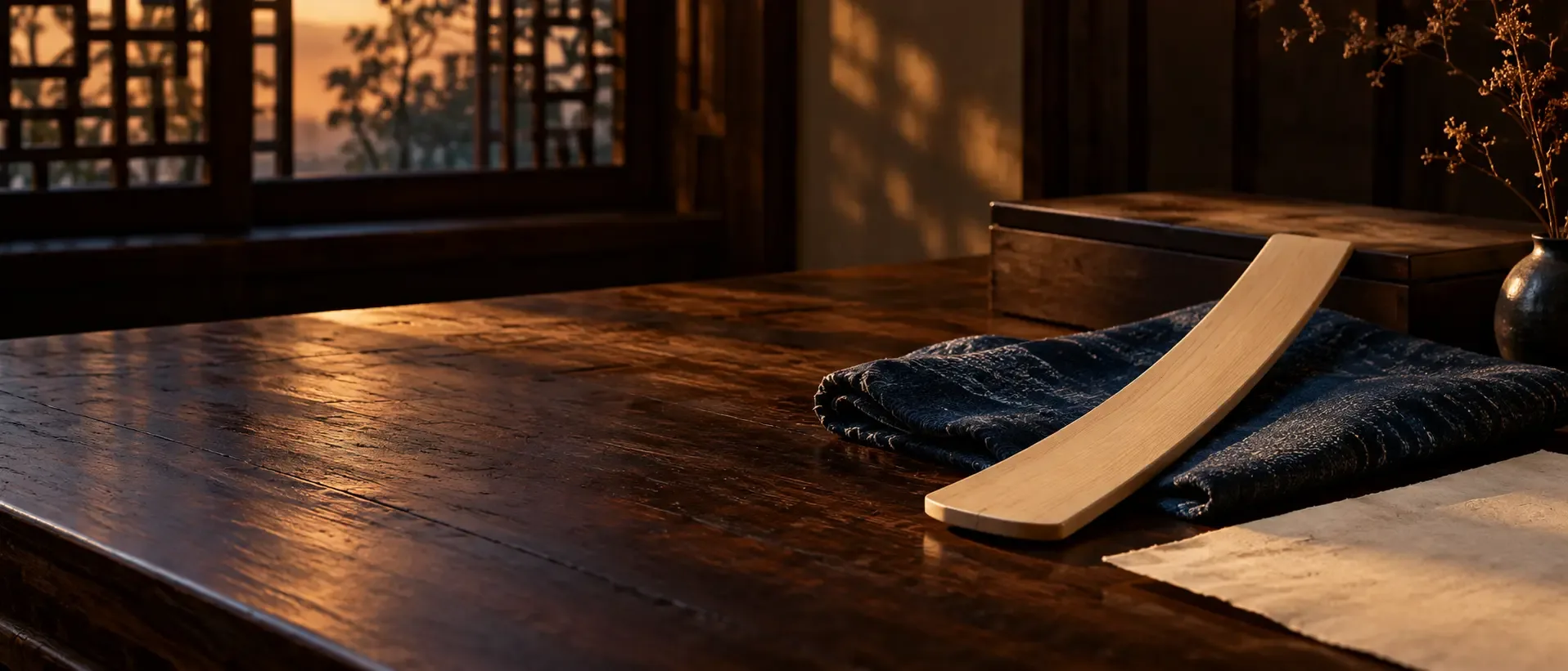 Photographie conceptuelle d’une tablette d’audience fictive, courbe et sans inscription, posée sur une étoffe indigo dans un cabinet chaleureux