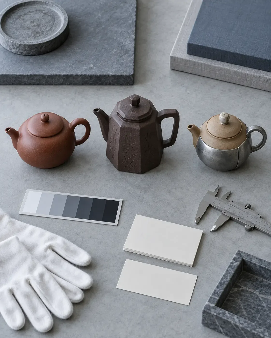 Photographie conceptuelle en plongée de trois modèles fictifs de théières d’étude, en grès rouge, sombre facetté et gainé d’étain, avec une échelle de gris, un pied à coulisse, des fiches vierges et des gants