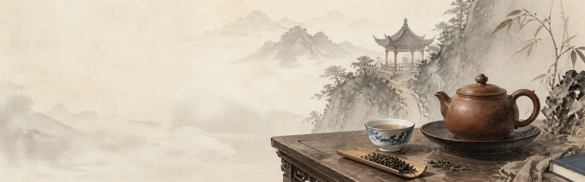 Clay teapot, porcelain cup and loose tea overlooking a misty mountain pavilion
