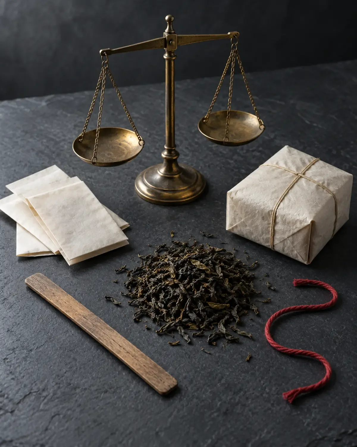 Pochettes de papier vierges, paquet de thé sans marque, thé en vrac, baguette de bois nue et balance en laiton sur une table d’ardoise froide