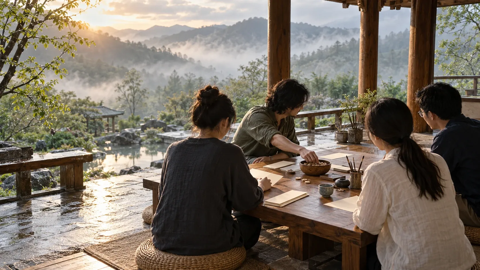 概念性照片:四位不具名的當代文學學習者在虛構山景亭中圍繞空白紙張與無標記木籌寫作