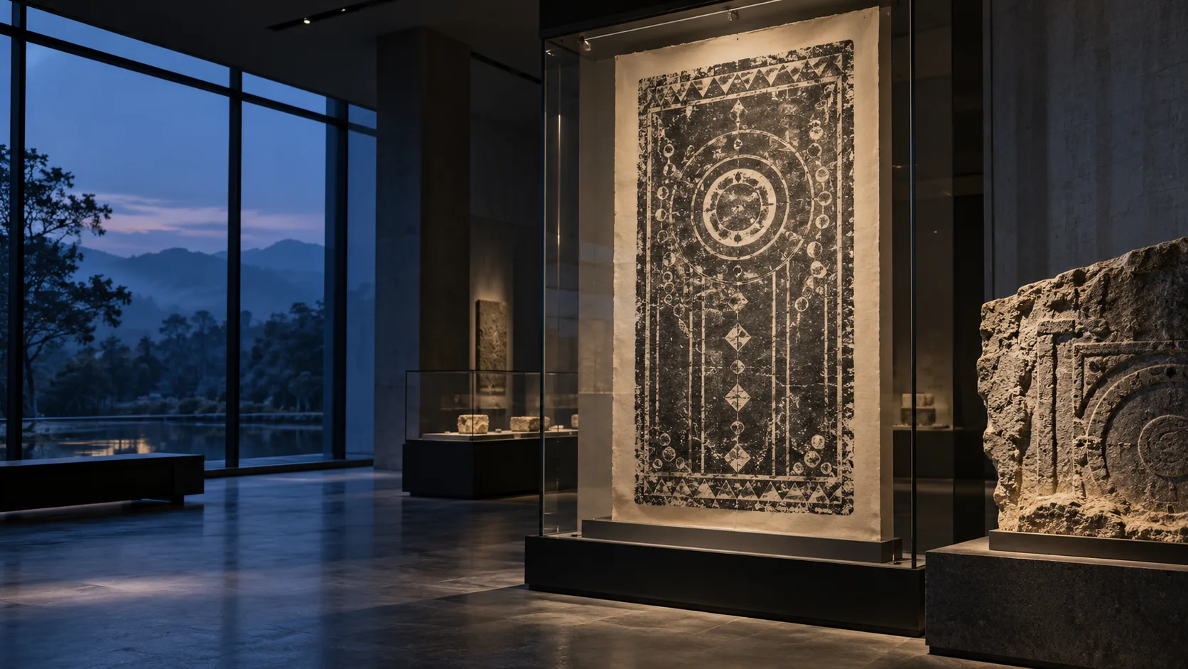 Galerie de musée conceptuelle générée par IA, avec un estampage abstrait en noir et blanc exposé près d’un fragment de pierre sculptée