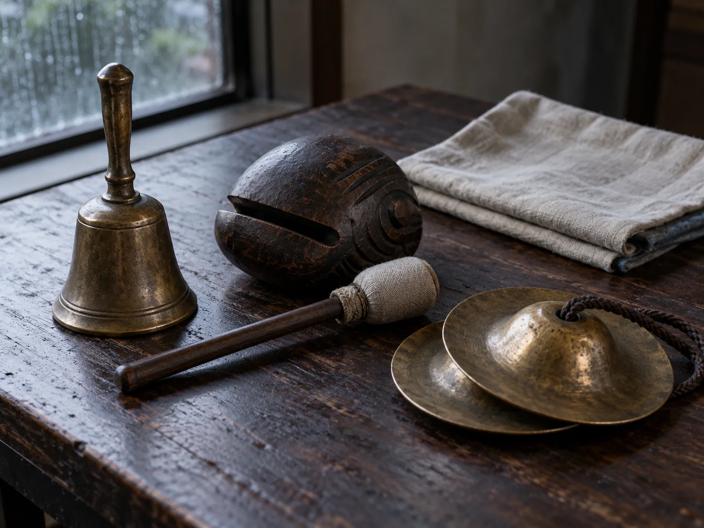 Nature morte interprétative générée par IA montrant une clochette de bronze, un bloc de percussion en bois, une mailloche rembourrée et de petites cymbales sur une table sombre