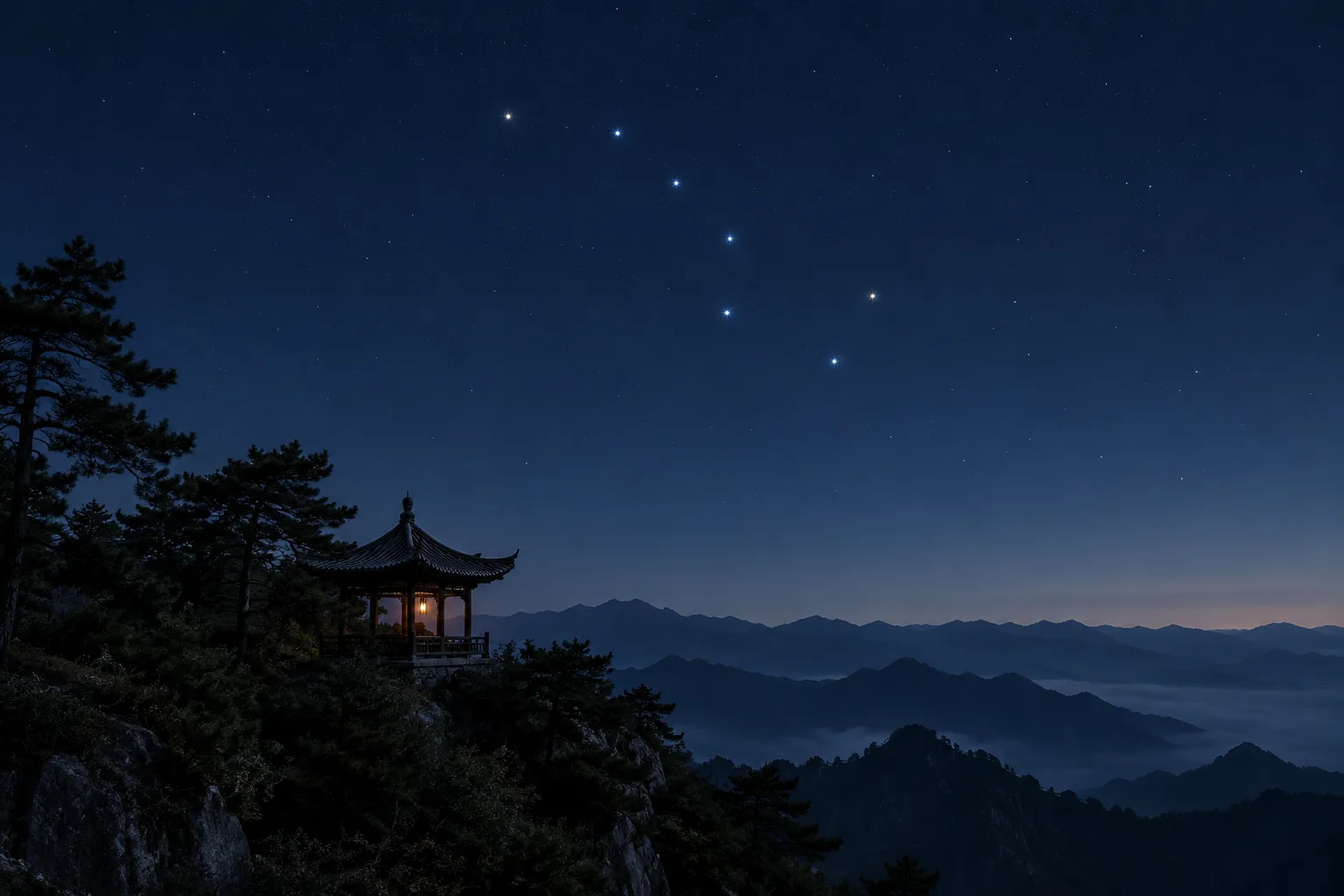 Vue nocturne fictive générée par IA, avec les sept étoiles du Boisseau du Nord au-dessus d’un toit de temple de montagne et d’une crête de pins