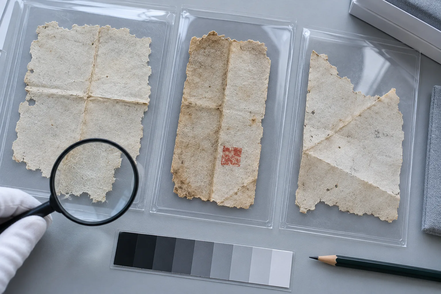Table de conservation froide générée par IA, avec trois fragments fictifs, loupe, échelle de gris et empreinte rouge abstraite