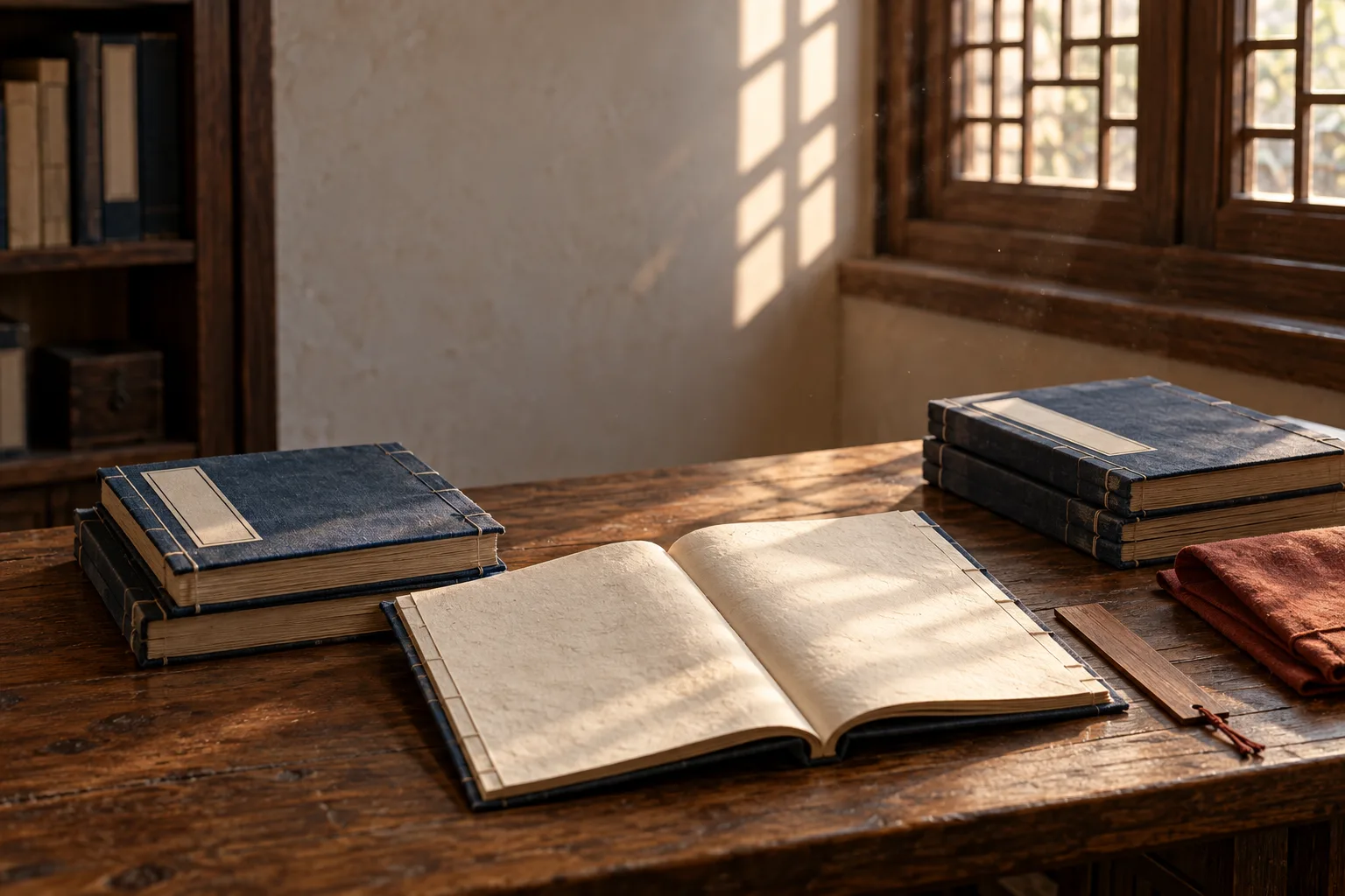 Photographie conceptuelle générée par IA de volumes reliés par fil, sans texte, et d’un livre ouvert sous une lumière chaude sur une table de bibliothèque