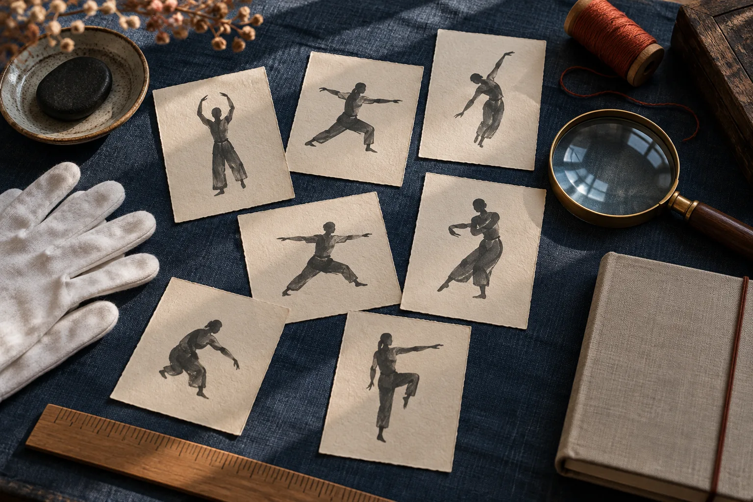 Table d’étude générée par IA avec cartes fictives de silhouettes en mouvement, gants de coton, loupe, règle et carnet en toile