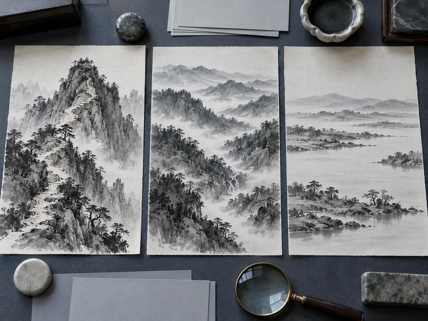 AI-generated overhead study photograph of three fictional ink landscape sheets showing rising, layered and level spatial structures