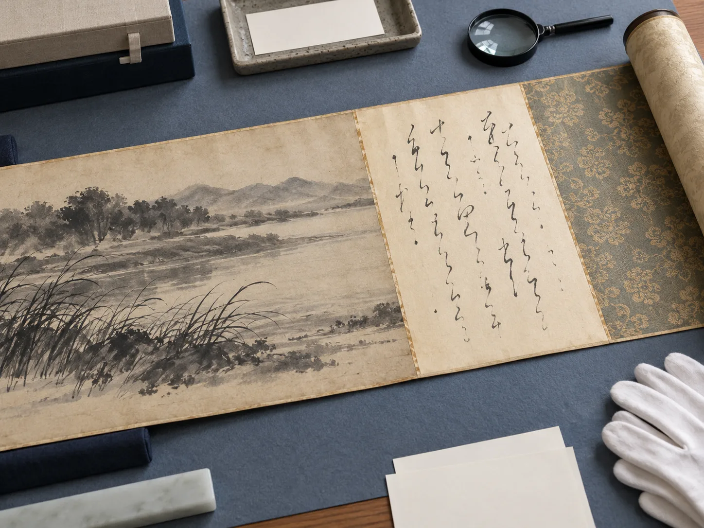 Photographie d’étude en plongée générée par IA d’un rouleau fictif distinguant paysage à l’encre, panneau de colophon crème et montage de soie