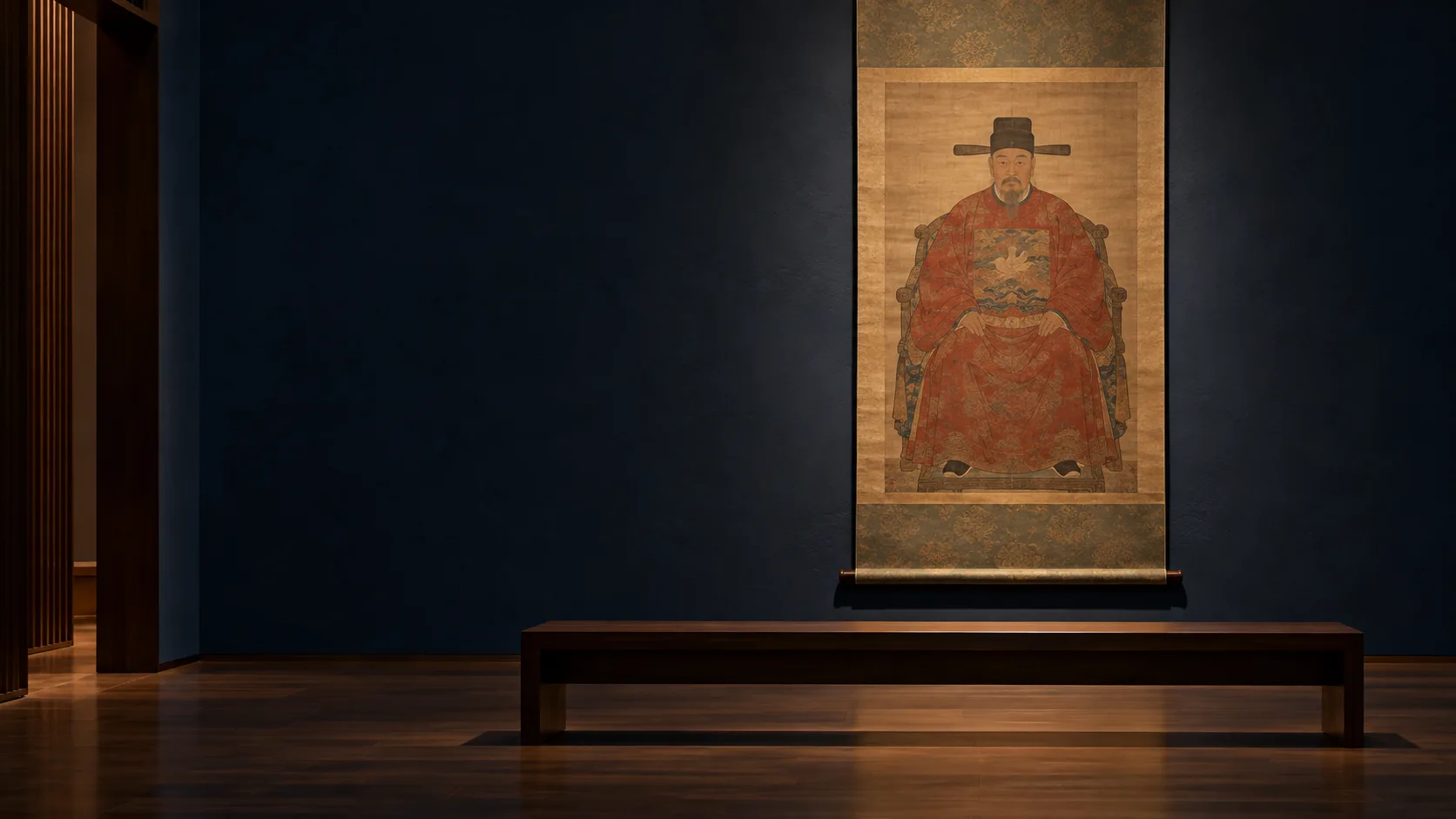 AI-generated conceptual museum gallery with a fictional formal Chinese portrait hanging on an indigo wall