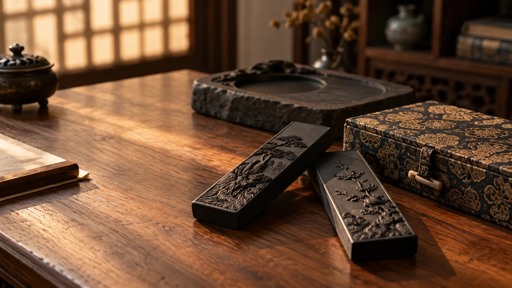 Photographie conceptuelle générée par IA de deux bâtons d’encre noirs fictifs, d’un coffret en brocart et d’une pierre à encre sur un bureau de lettré baigné de lumière chaude