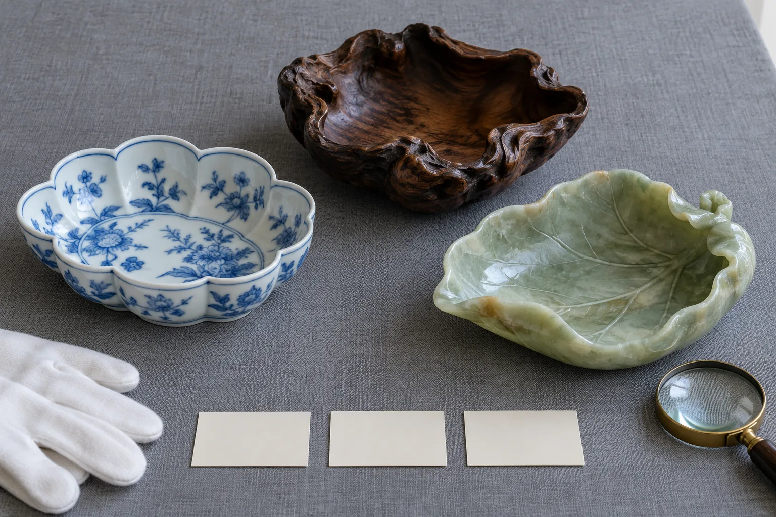 Photographie conceptuelle générée par IA comparant trois lave-pinceaux fictifs et vides : porcelaine bleu et blanc à bord lobé, loupe de bois sombre et pierre vert pâle en forme de feuille