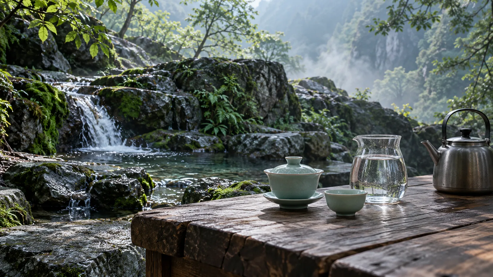Conceptual AI-generated photograph of a celadon gaiwan, cup, potable-water carafe and kettle on a wooden table beside a fictional mountain stream.