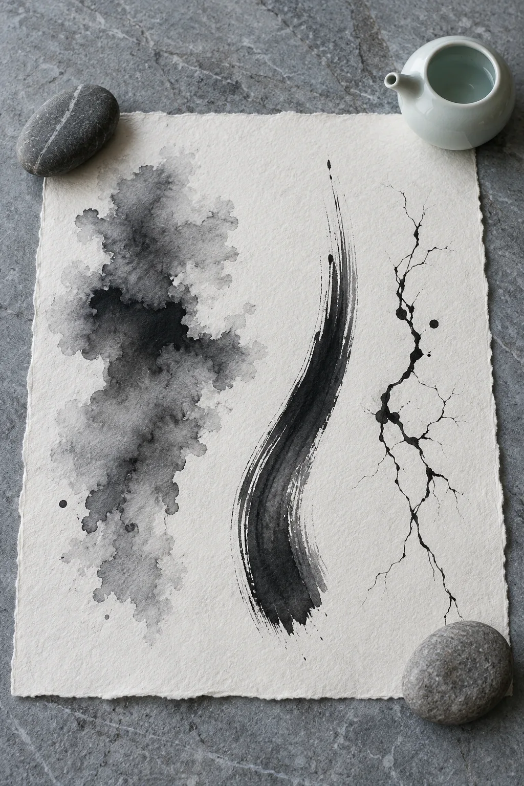 Nature morte contemporaine et froide : trois rythmes abstraits d’encre noire sur papier fibreux vierge, maintenu par des pierres grises près d’un compte-gouttes céladon posé sur la pierre.