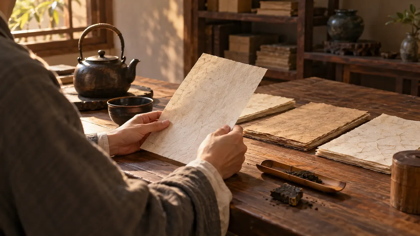 Un lecteur anonyme compare des feuillets fictifs et sans inscription près d’un bol, d’une bouilloire et d’un fragment de thé compressé sur une table d’étude chaleureuse