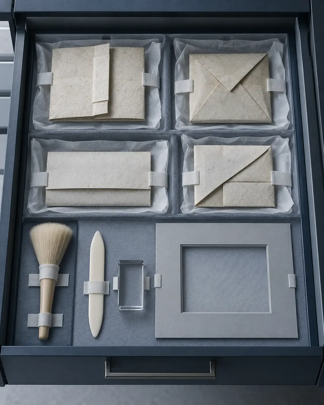 Cool vertical conceptual photograph of a modern archival drawer with four blank folded paper packets, conservation tools and an empty album-leaf mount.