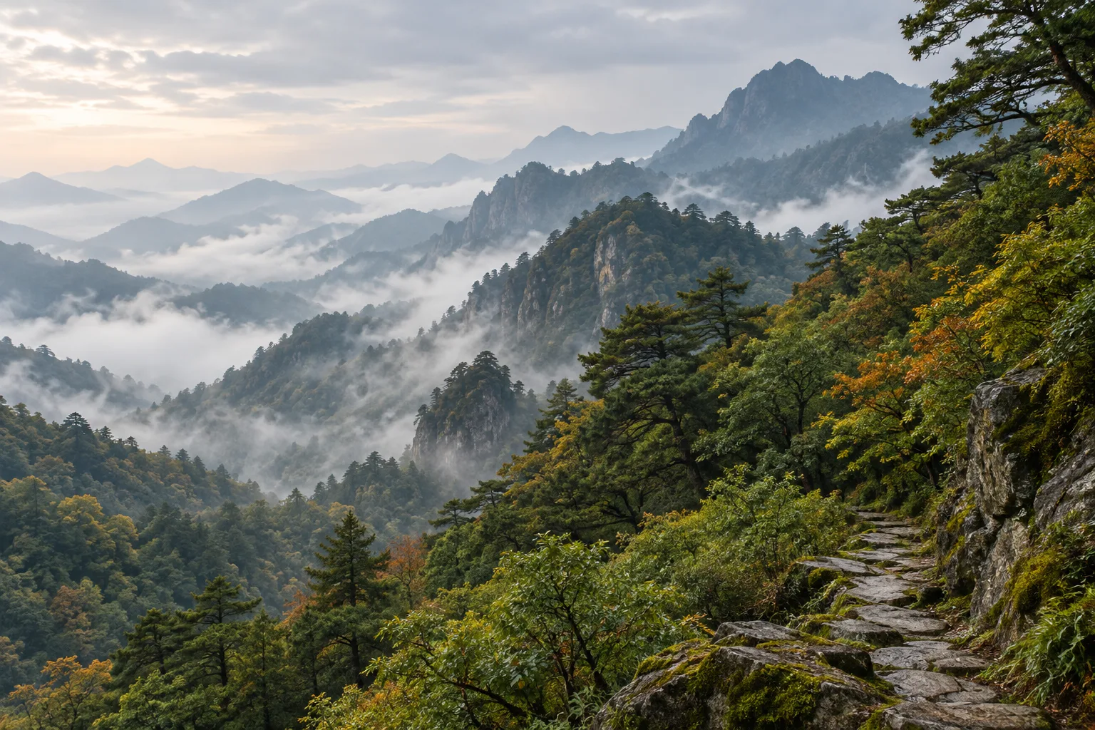 Vue panoramique générée par IA de crêtes forestières fictives, de brume et d’un sentier de pierre inspirés du paysage du Wudang