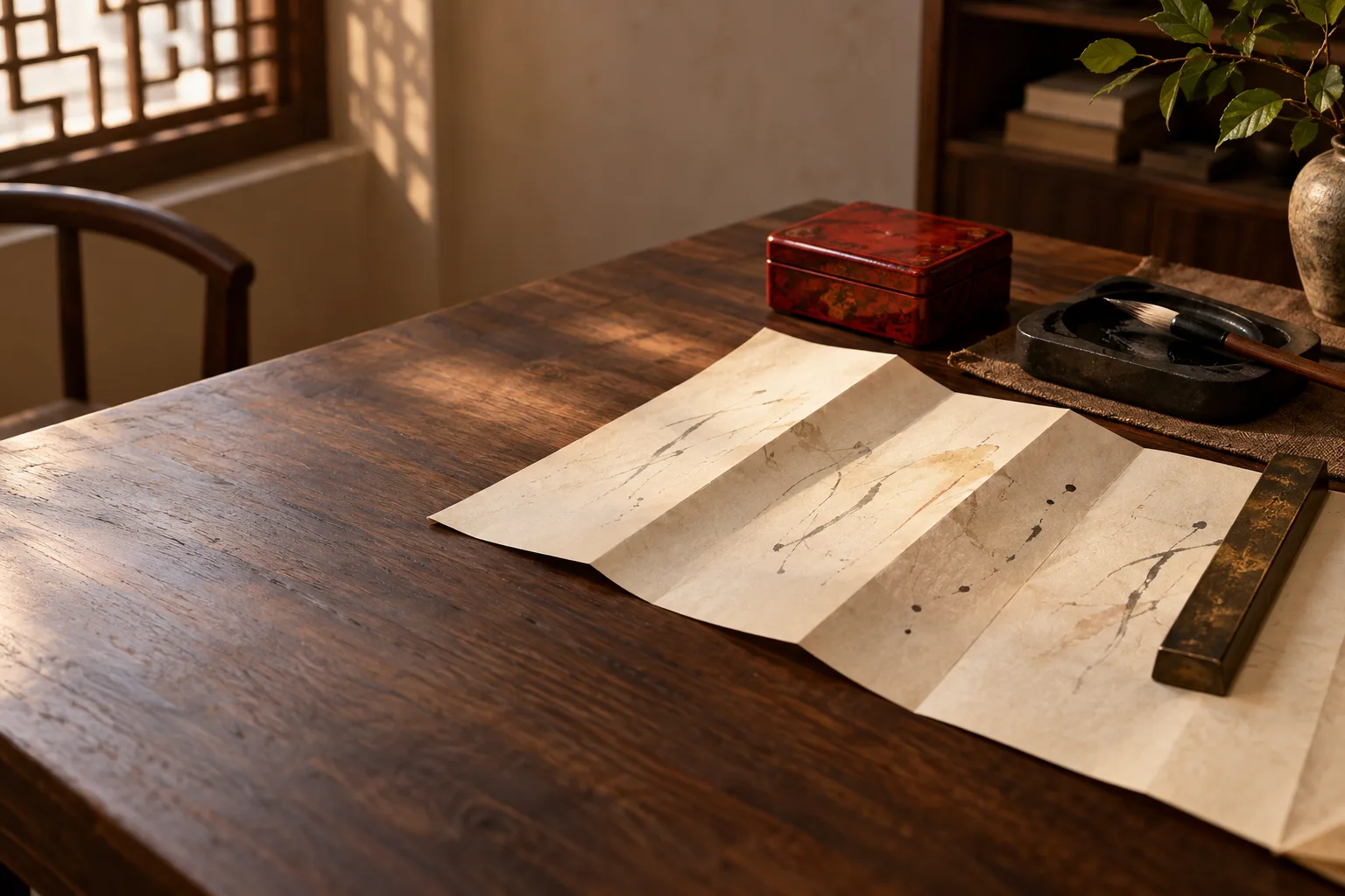 Table d’étude chaleureuse générée par IA, avec document rituel fictif plié, boîte à sceau, pinceau et pierre à encre