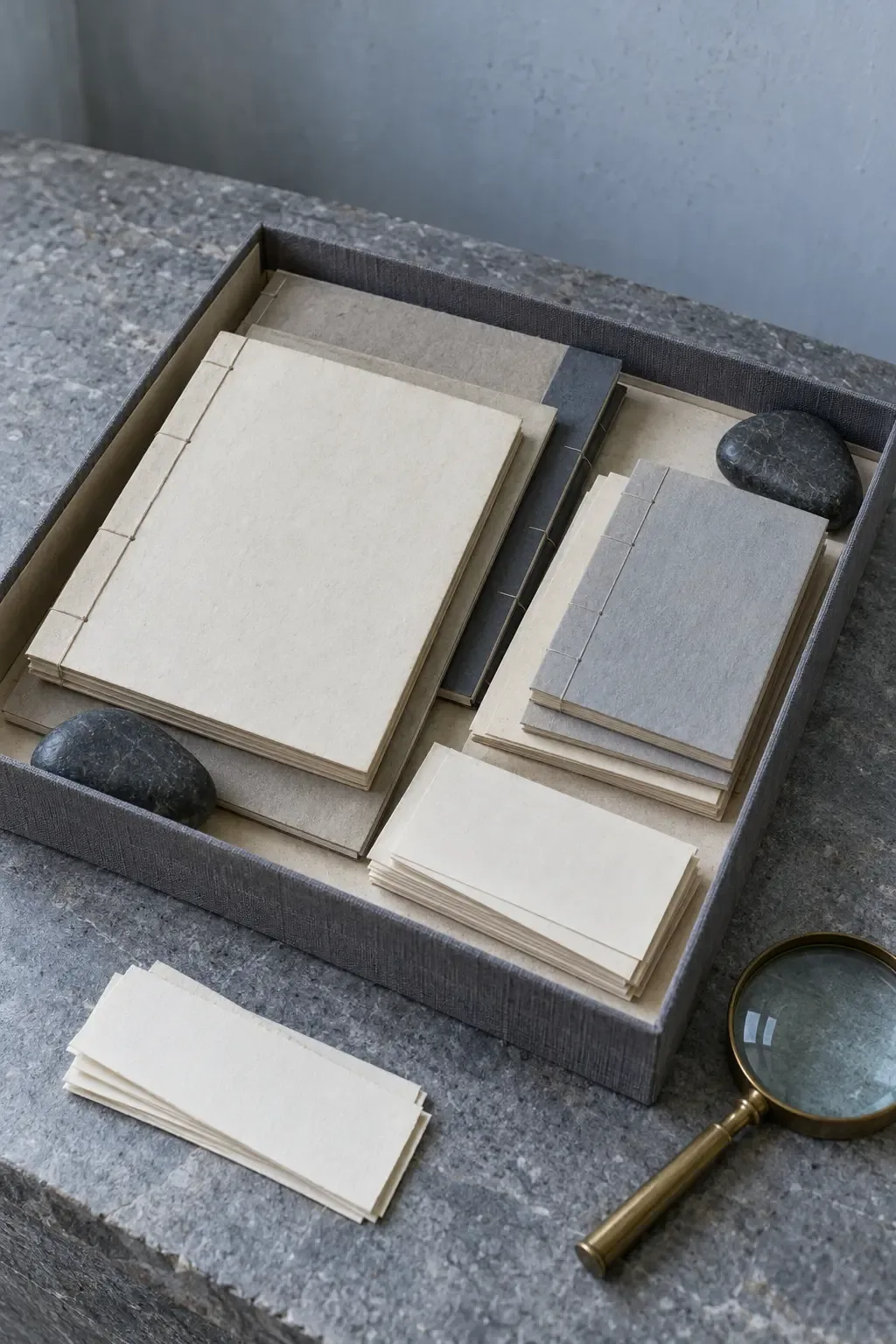 Photographie conceptuelle aux tons froids : une boîte d’archives contient des livrets cousus et des étiquettes vierges, près de galets lisses et d’une loupe en laiton.