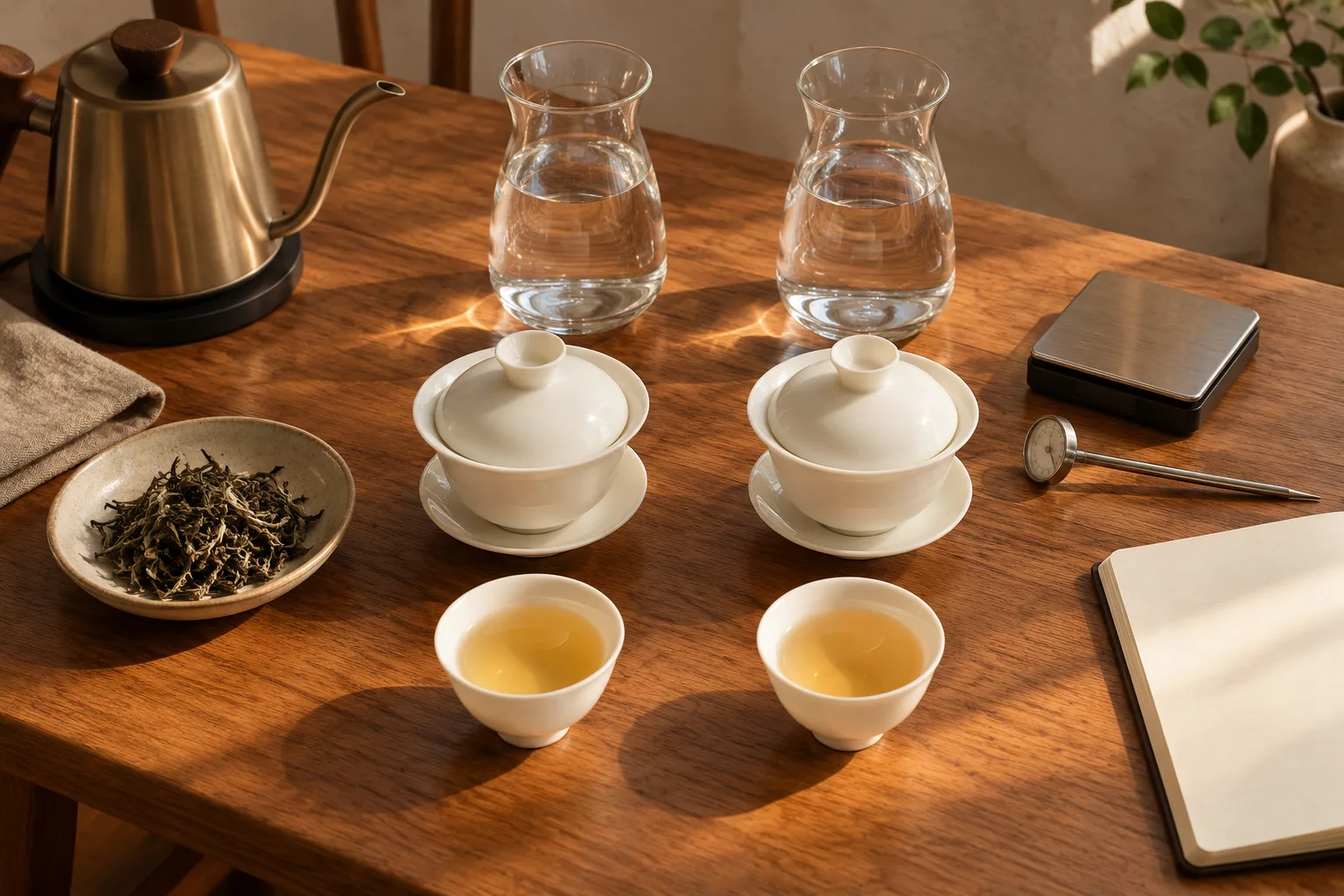 Conceptual AI-generated overhead photograph of two identical gaiwans, two cups and two water carafes arranged for a controlled tea comparison on a warm wooden table.