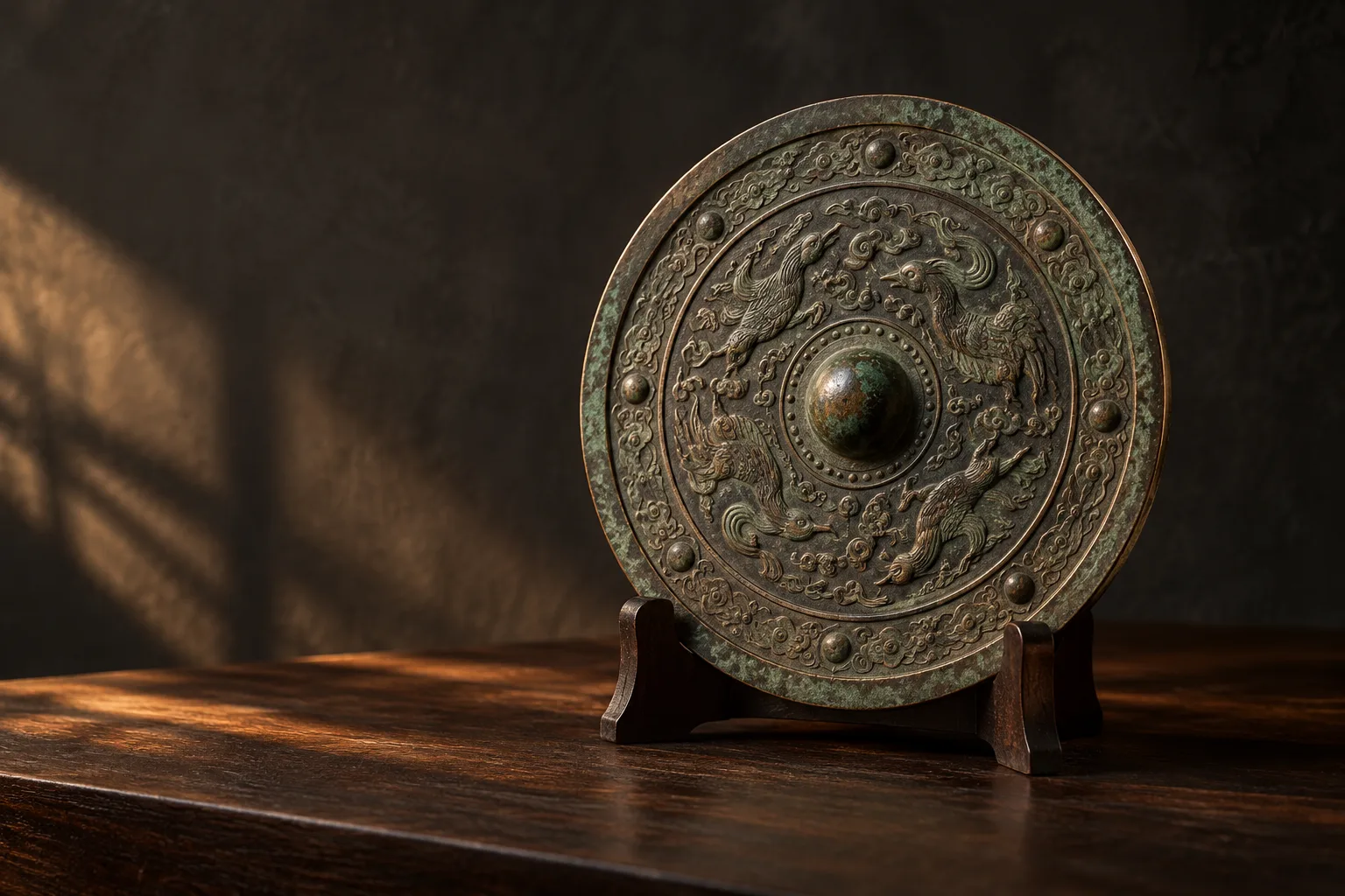 Photographie conceptuelle générée par IA du revers décoré d’un miroir circulaire fictif en bronze, posé sur un support en bois sombre dans une lumière rasante
