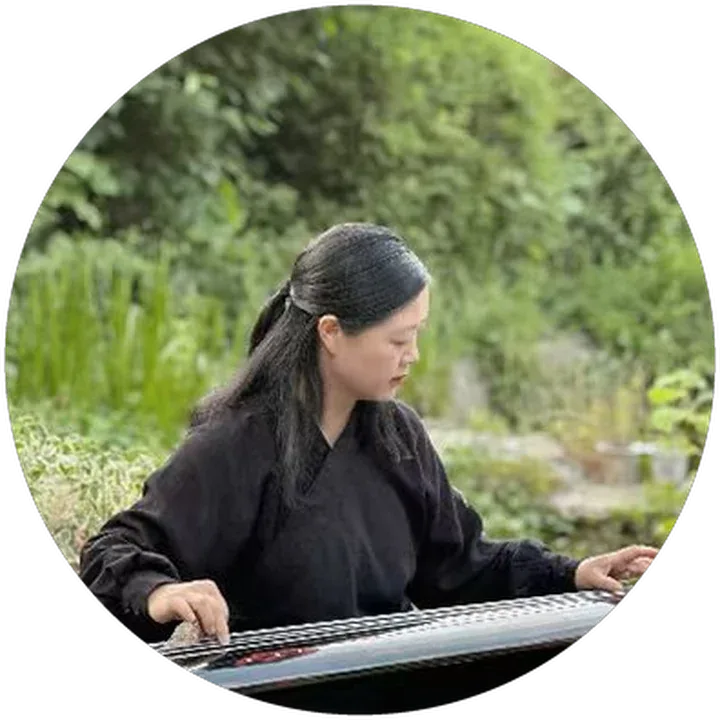 Chonglin playing a zither-like instrument outdoors among greenery
