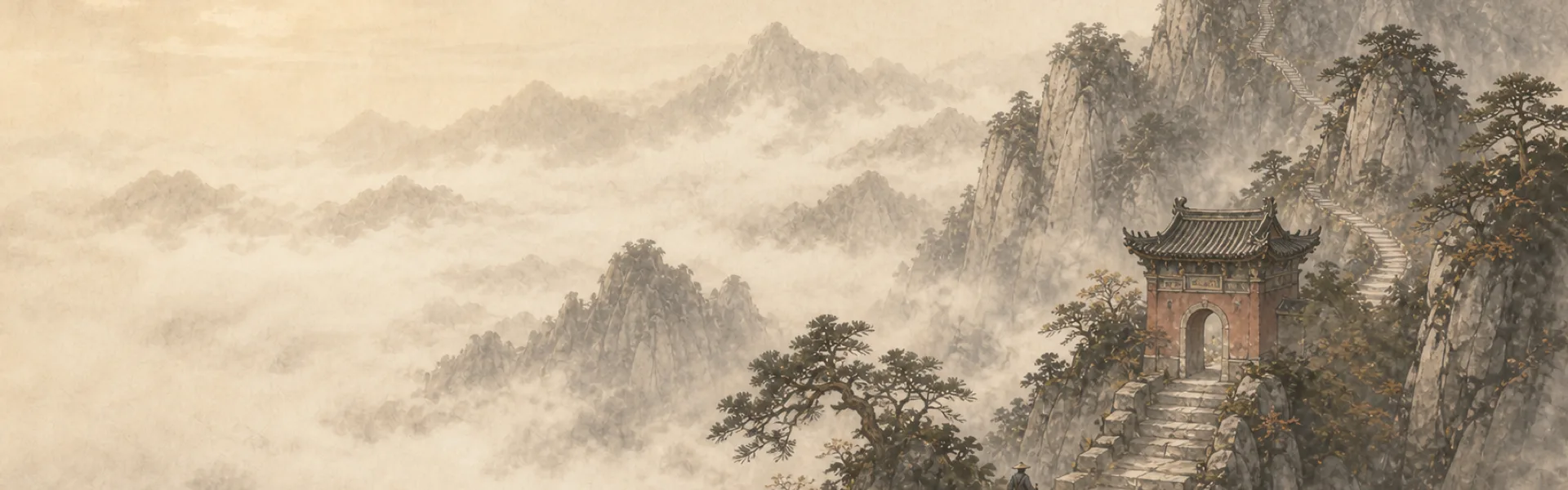 Stone steps and a traditional mountain gate winding through misty peaks